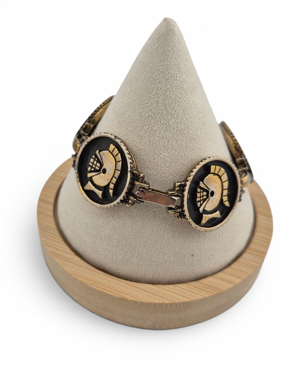 Vintage Spartan Helmet Link Bracelet Gold Silver Tone Brutalist 7.75"